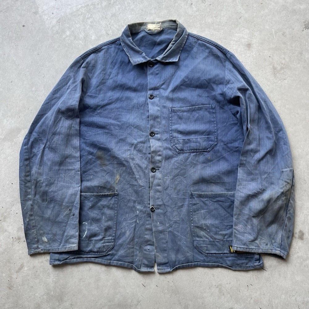 Vintage 60s HBT French Chore Jacket Faded Distressed Workwear Coat Herringbone